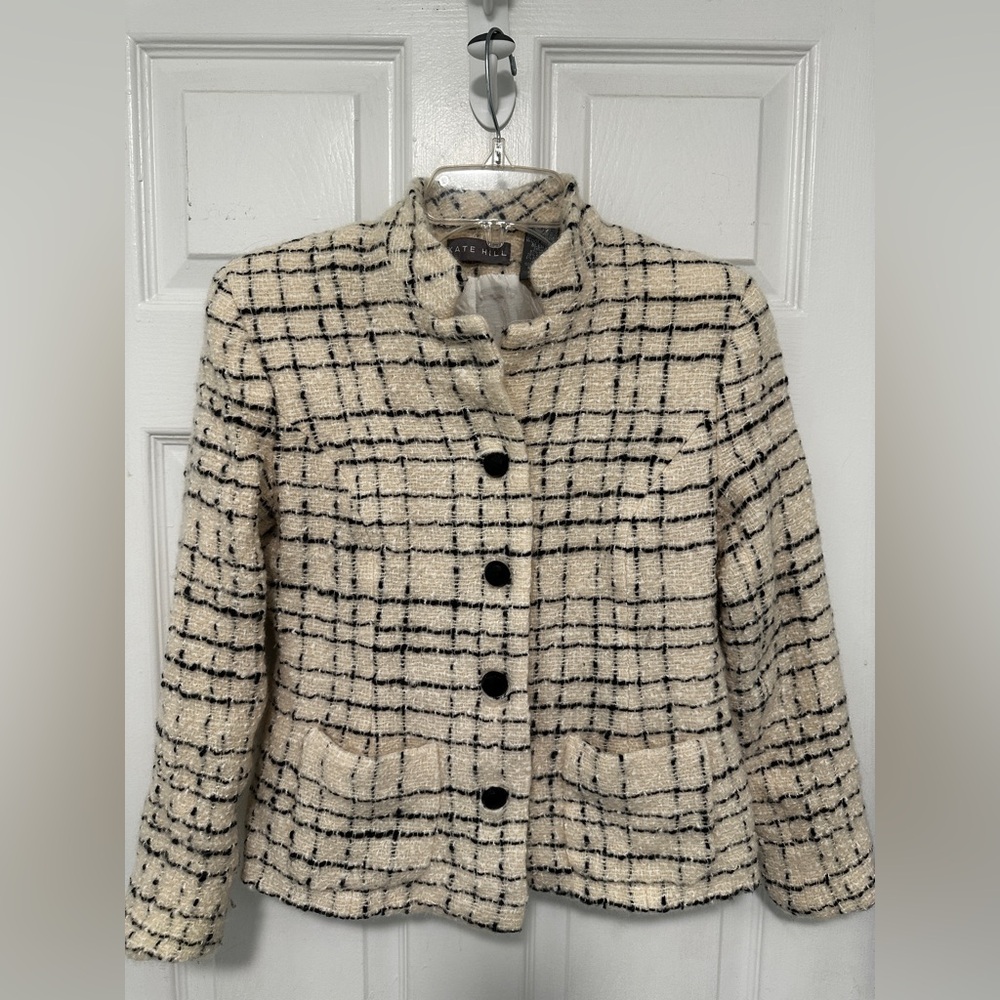 Kate Hill Tweed Woolmark Blend Cropped Jacket Size Small 4 Black White